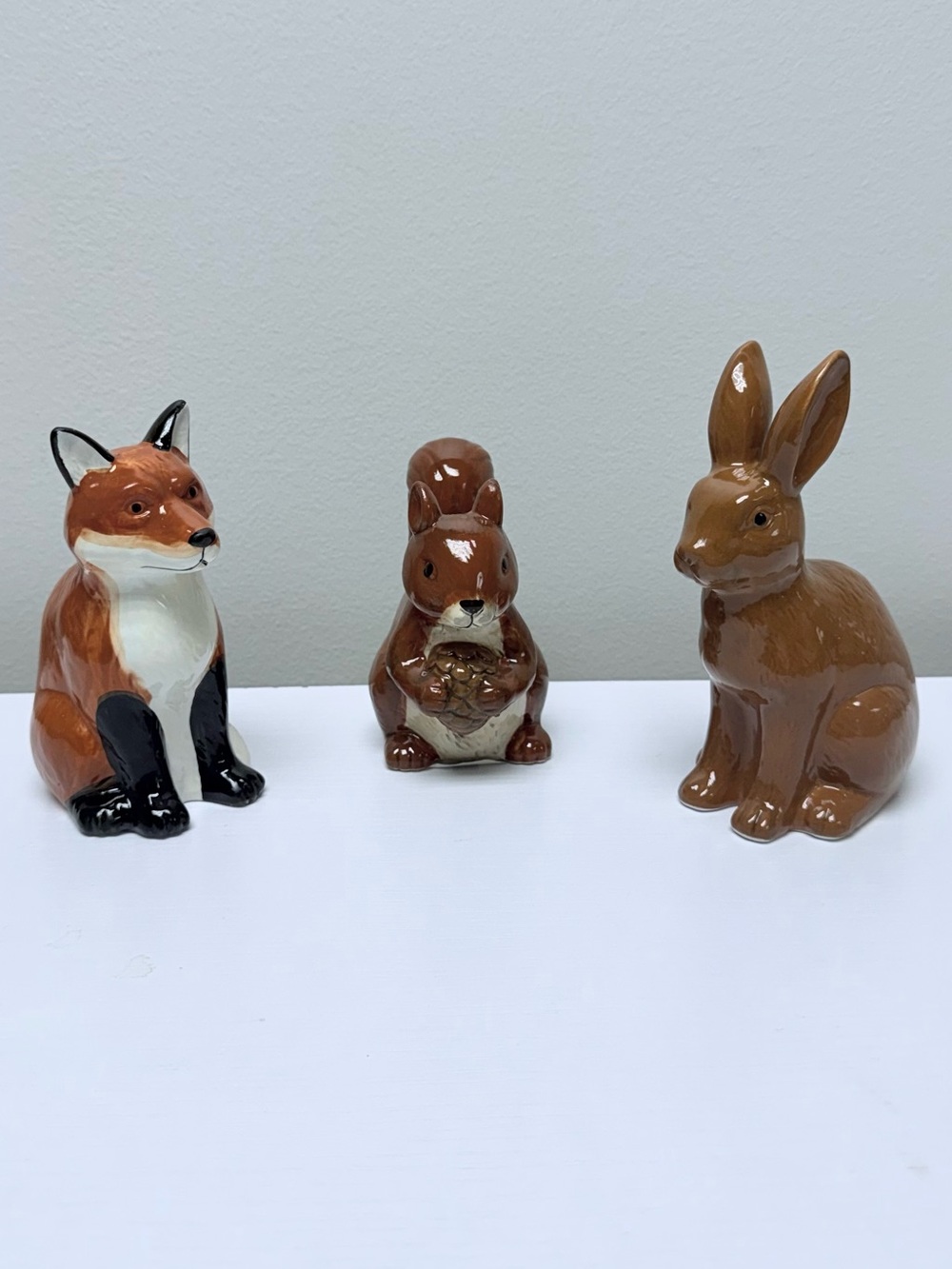 Full Set Ceramic Woodland Figurals, Brown Fox, Bunny, & Squirrel
